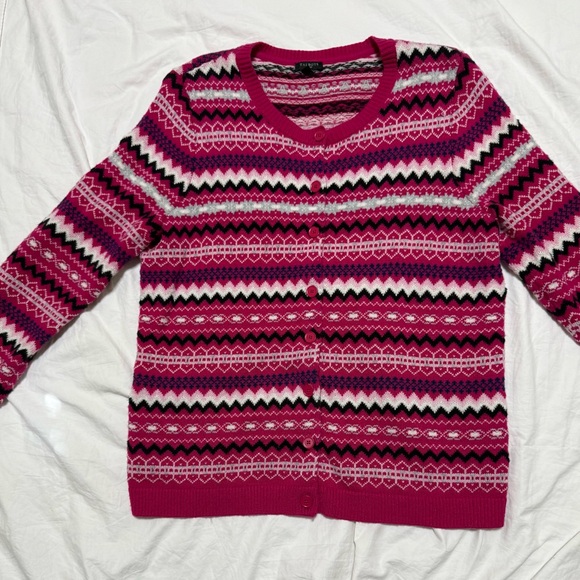 Talbots fair isle crew neck  lambswool nylon cardigan sweater - Picture 3 of 7